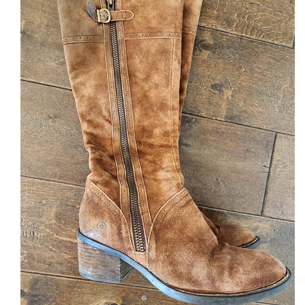 Born Poly Brown Suede Knee High Riding Boots Plaid Lining. Festival Gritty Boho - Picture 12 of 14